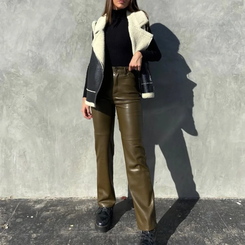 Zara genuine leather straight leg pants limited edition blogger aritzia melina - Picture 9 of 13